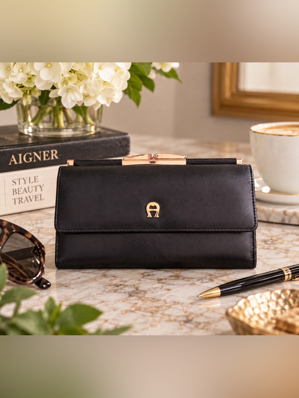 Etienne Aigner Black Leather Wallet Checkbook Organizer Gold Hardware